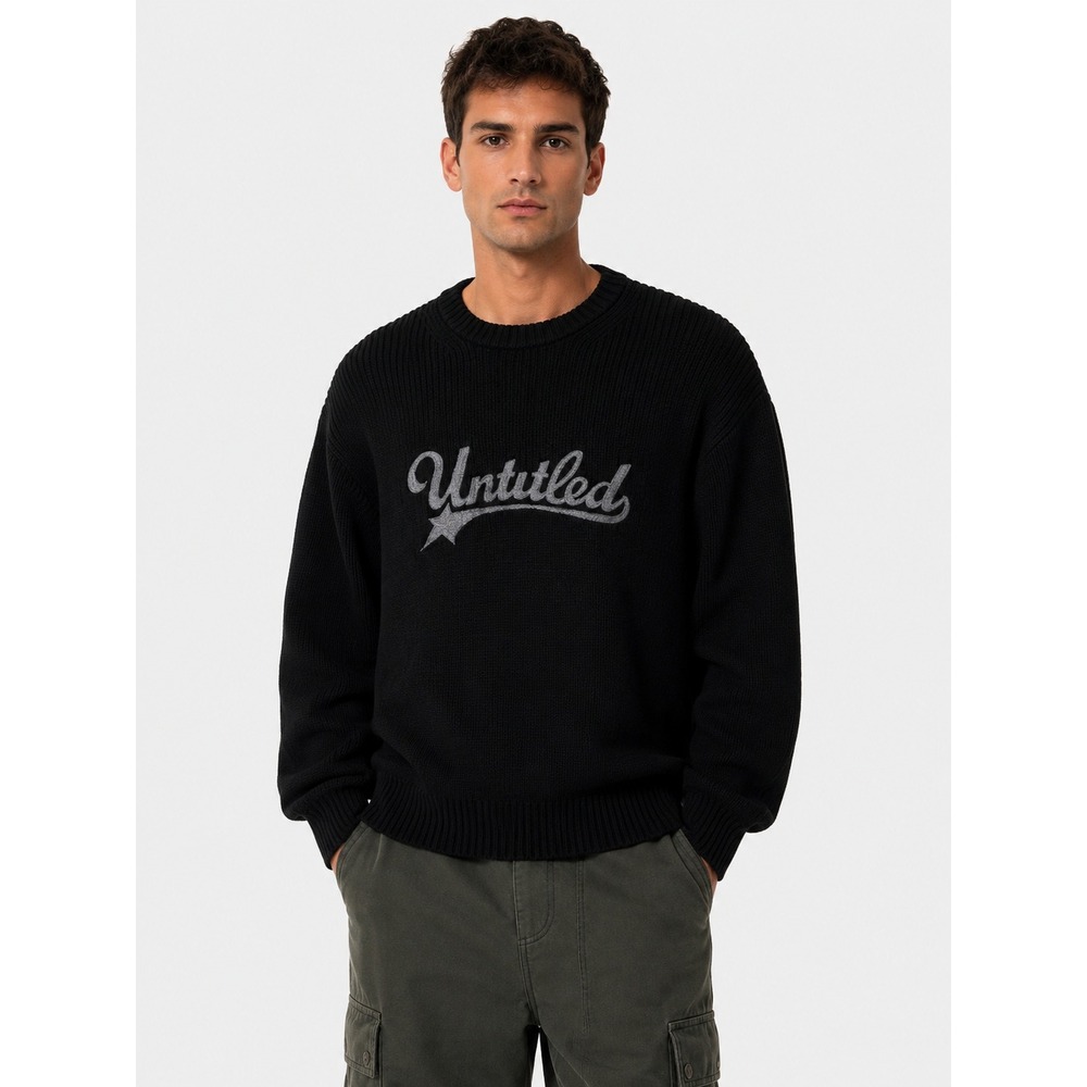 Cotton On Box Fit Crew Knit Sweater Black Untitled Graphic 100% Cotton Mens S